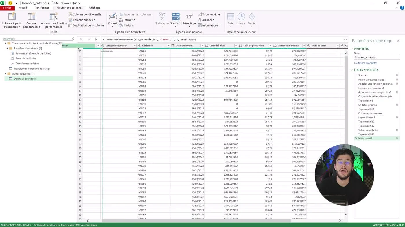 Éditeur Power Query affichant une colonne Index numérotée à gauche des données d’entrepôt