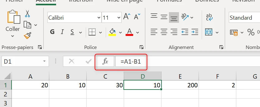 Barre de formule Excel affichant =A1-B1 avec A1 égal à 20, B1 égal à 10 et D1 égal à 10