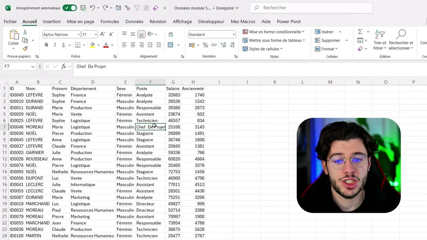 Export de personnel dans Excel avec la cellule F7 Chef De Projet sélectionnée et son contenu dans la barre de formule